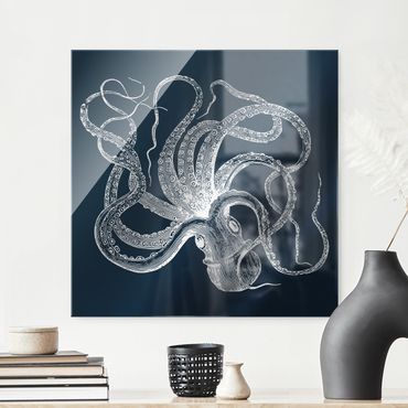 Glasbild - Illustration verrückter Oktopus auf Blau - Quadrat 1:1