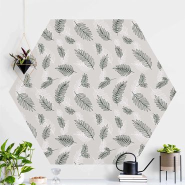Hexagon Mustertapete selbstklebend - Illustrierte Blätter Muster Grün Beige