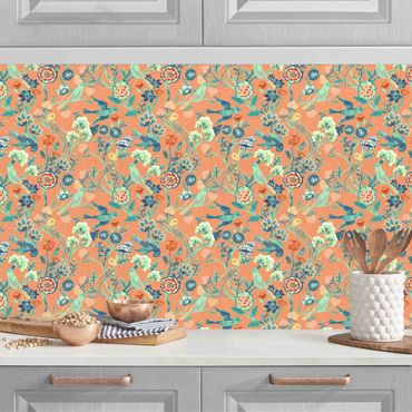 Küchenrückwand - Indisches Muster Vögel mit Blumen Orange