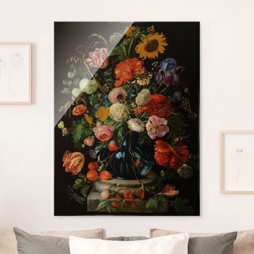 Glasbild - Kunstdruck Jan Davidsz de Heem - Tulpen, eine Sonnenblume, eine Iris und andere Blumen in einer Glasvase auf dem Marmorsockel einer Säule - Hoch 3:4