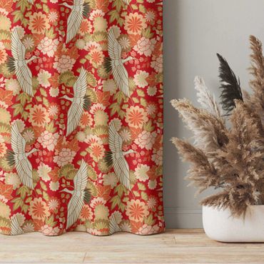 Vorhang - Kraniche und Chrysanthemen Rot