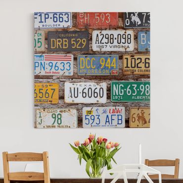 Leinwandbild - Amerikanische Nummernschilder auf Holz - Quadrat 1:1