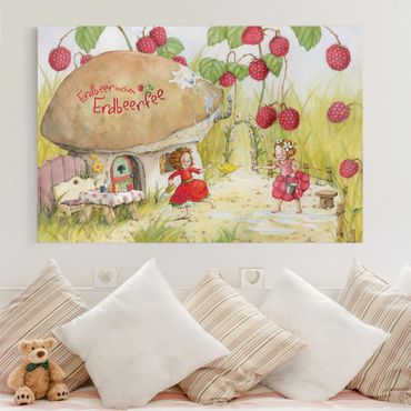 Leinwandbild - Erdbeerinchen Erdbeerfee - Unter dem Himbeerstrauch - Quer 3:2