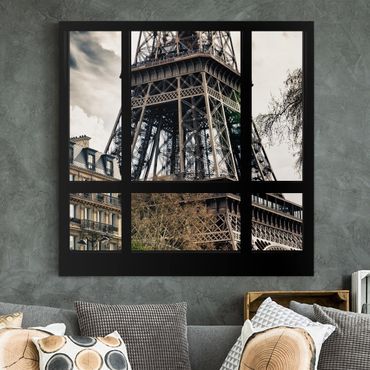 Leinwandbild - Fensterausblick Paris - Nahe am Eiffelturm schwarz weiß - Hoch 2:3