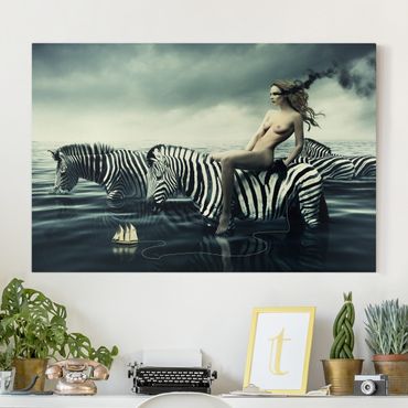 Leinwandbild - Frauenakt mit Zebras - Quer 3:2