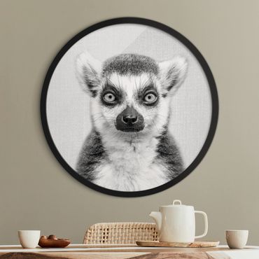 Rundes Gerahmtes Bild - Lemur Ludwig Schwarz Weiß