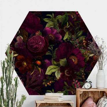 Hexagon Mustertapete selbstklebend - Lila Blüten Dunkel