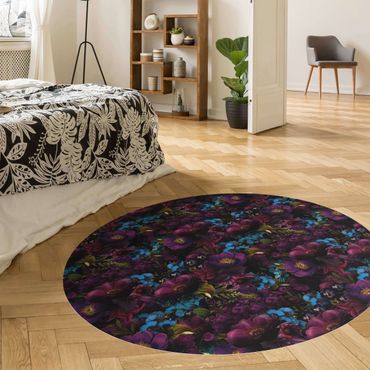 Runder Vinyl-Teppich - Lila Blüten mit Blauen Blumen