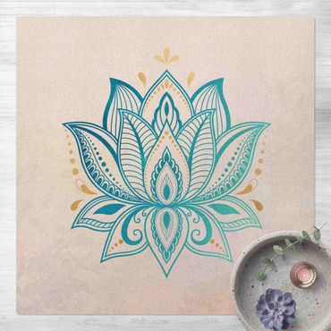 Kork-Teppich - Lotus Illustration Mandala gold blau - Quadrat 1:1