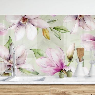Küchenrückwand - Magnolien Illustration auf Mint