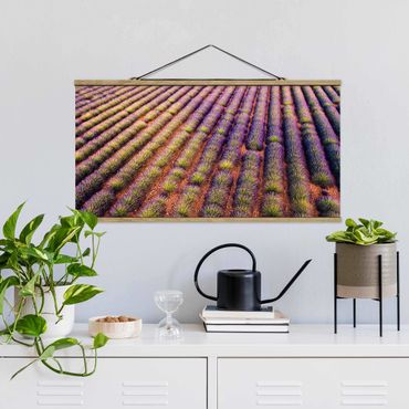 Stoffbild mit Posterleisten - Malerisches Lavendelfeld - Querformat