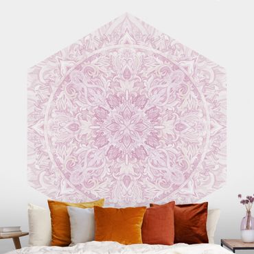 Hexagon Mustertapete selbstklebend - Mandala Aquarell Ornament rosa