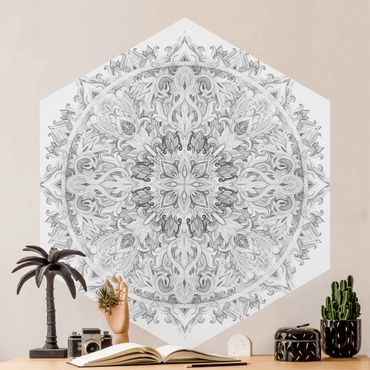Hexagon Mustertapete selbstklebend - Mandala Aquarell Ornament schwarz weiß
