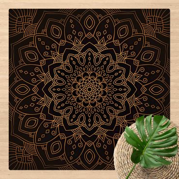 Kork-Teppich - Mandala Blüte Muster gold schwarz - Quadrat 1:1