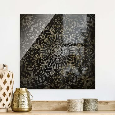 Glasbild - Mandala Blüte Muster silber schwarz - Quadrat 1:1