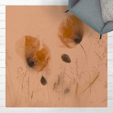 Kork-Teppich - Mohnblumen und zarte Gräser im weichen Nebel - Quadrat 1:1