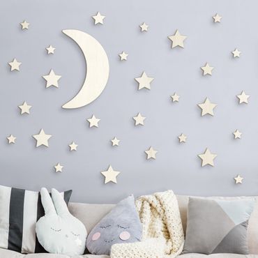 Wanddeko Holz Mond und Sterne Set