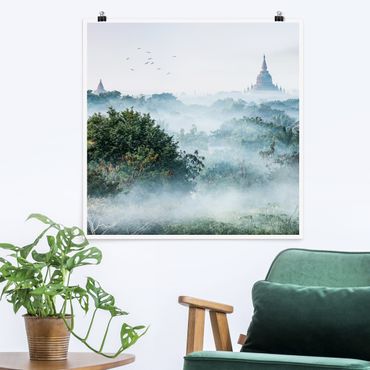 Poster - Morgennebel über dem Dschungel von Bagan - Quadrat 1:1
