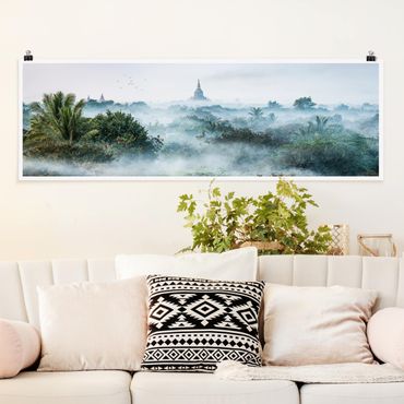 Poster - Morgennebel über dem Dschungel von Bagan - Panorama 3:1