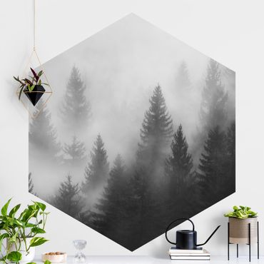 Hexagon Mustertapete selbstklebend - Nadelwald im Nebel Schwarz Weiß