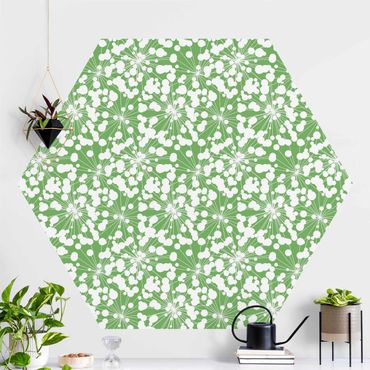 Hexagon Mustertapete selbstklebend - Natürliches Muster Pusteblume mit Punkten vor Grün