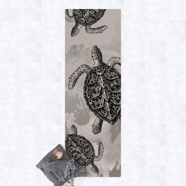 Kork-Teppich - Nautik Drei Schildkröten Schwarz Weiß - Hochformat 1:3