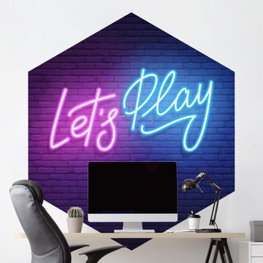 Hexagon Mustertapete selbstklebend - Neon Schrift Let's Play
