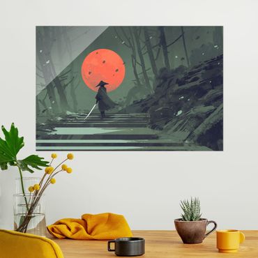 Glasbild - Ninja im roten Mondschein - Querformat
