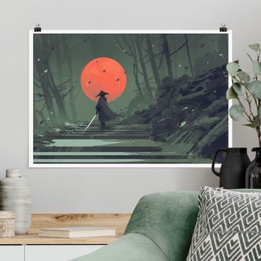 Poster - Ninja im roten Mondschein - Querformat 3:2