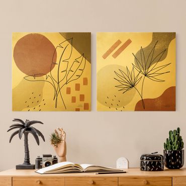 2-teiliges Leinwandbild - Pflanzenblätter Lineart und Terracotta Farben - Quadrat 1:1