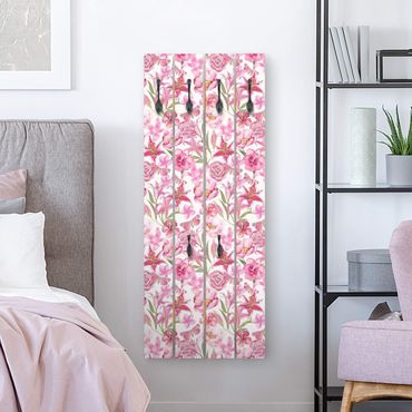 Wandgarderobe Holzpalette - Pinke Blumen mit Schmetterlingen