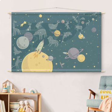 Wandteppich - Planeten mit Sternzeichen und Raketen - Hochformat 3:2