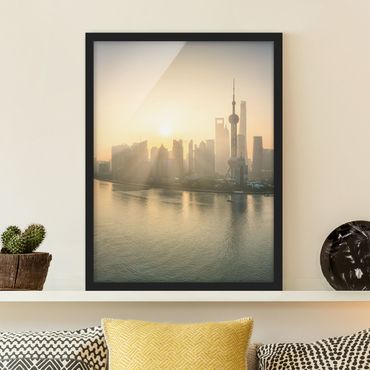 Bild mit Rahmen - Pudong bei Sonnenaufgang - Hochformat