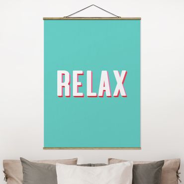 Stoffbild mit Posterleisten - Relax Typo auf Blau - Hochformat 3:4