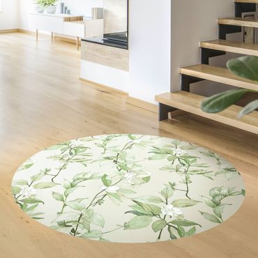 Runder Vinyl-Teppich - Romantisches Blütenaquarell Natur Grün