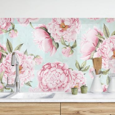 Küchenrückwand - Rosa Blumen auf Mint als Aquarell