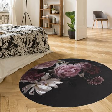 Runder Vinyl-Teppich - Rosa Blumen auf Schwarz Vintage