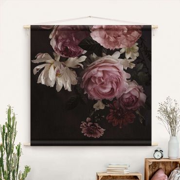 Wandteppich - Rosa Blumen auf Schwarz Vintage - Quadrat 1:1
