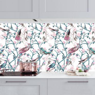 Küchenrückwand - Rosa Blumenranken mit Vögeln in Blau