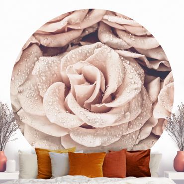 Runde Tapete selbstklebend - Rosen Sepia mit Wassertropfen