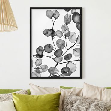 Bild mit Rahmen - Schwarz Weiß Aquarell Eukalyptuszweig - Hochformat