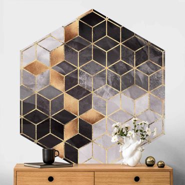 Hexagon Mustertapete selbstklebend - Schwarz Weiß goldene Geometrie