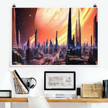 Poster - Sci-Fi Großstadt mit Planet - Querformat 3:2