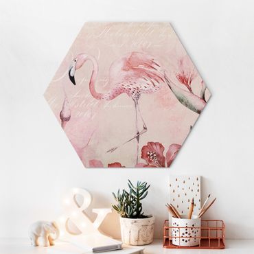 Hexagon-Alu-Dibond Bild - Shabby Chic Collage - Flamingo