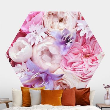 Hexagon Mustertapete selbstklebend - Shabby Rosen mit Glockenblumen