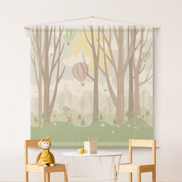 Wandteppich - Sonne mit Bäumen und Heißluftballons - Quadrat 1:1