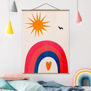 Stoffbild mit Posterleisten - Sonnenschein und Regenbogen - Hochformat