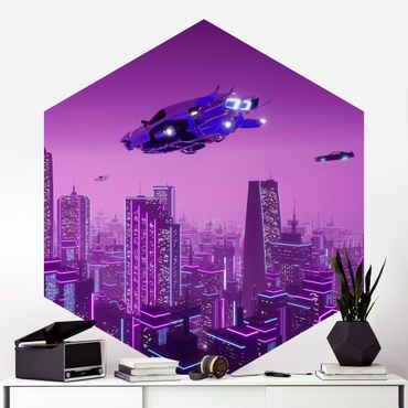 Hexagon Mustertapete selbstklebend - Stadt im Neonlicht mit Raumschiffen