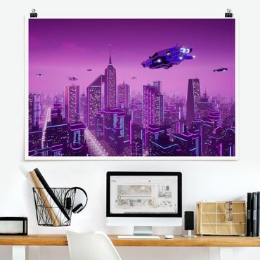Poster - Stadt im Neonlicht mit Raumschiffen - Querformat 3:2