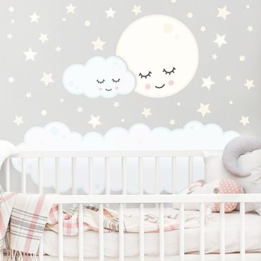 Wandtattoo - Sterne Mond Wolke mit schlafenden Augen